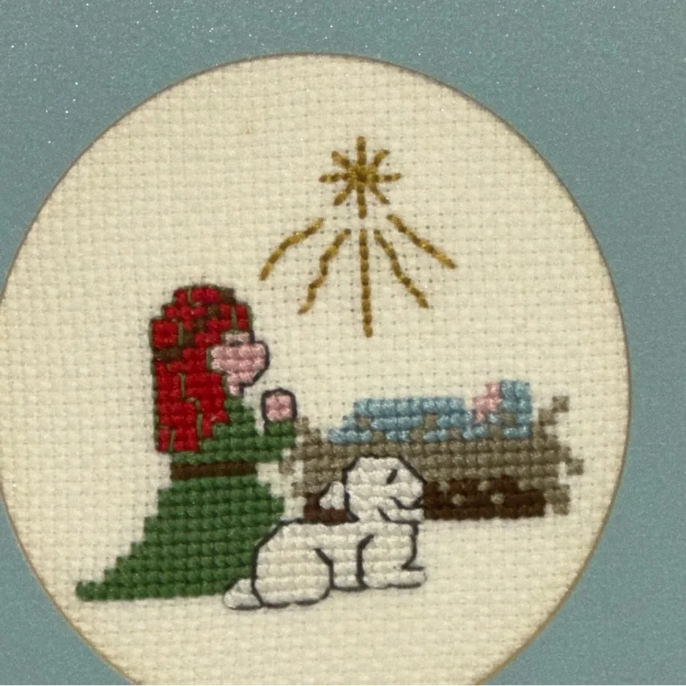 Hand Stitched Cross Stitch Nativity Scene Christmas Manger Jesus Framed Vintage
